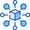 A blue cube in the center with eight blue circles connected to it by lines, forming a network or hub-and-spoke diagram, visually representing Network Cabling Services Dallas.