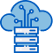 Blue outline icon showing a cloud above three stacked server disks, with circuit lines connecting the servers to the cloud, symbolizing cloud computing or Network Cabling Services Dallas.