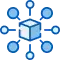 A blue and white cube in the center with eight blue circles connected around it by blue lines, forming a hub-and-spoke network—ideal for illustrating Network Cabling Services Dallas.
